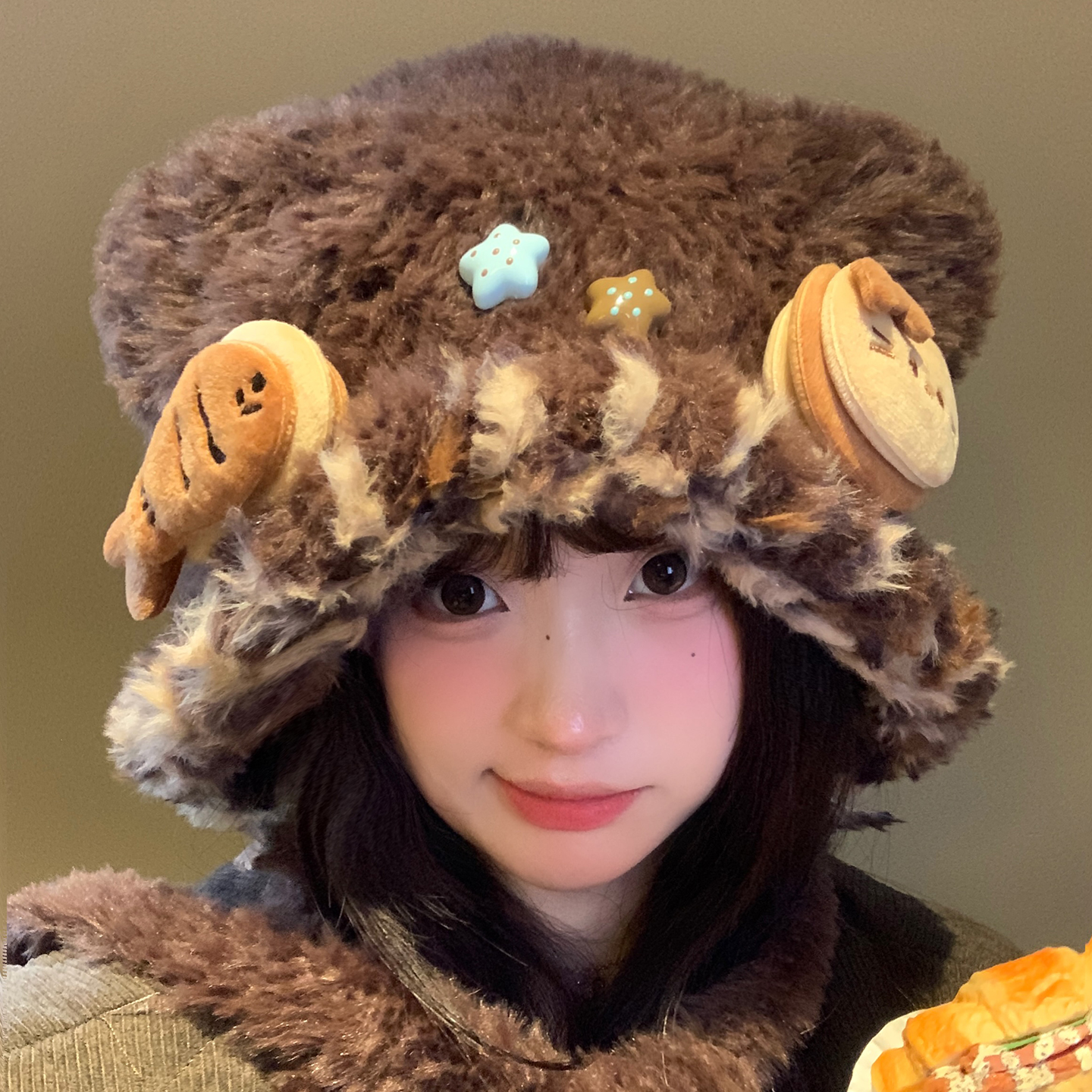 可爱猫咪小鱼毛绒针织帽子