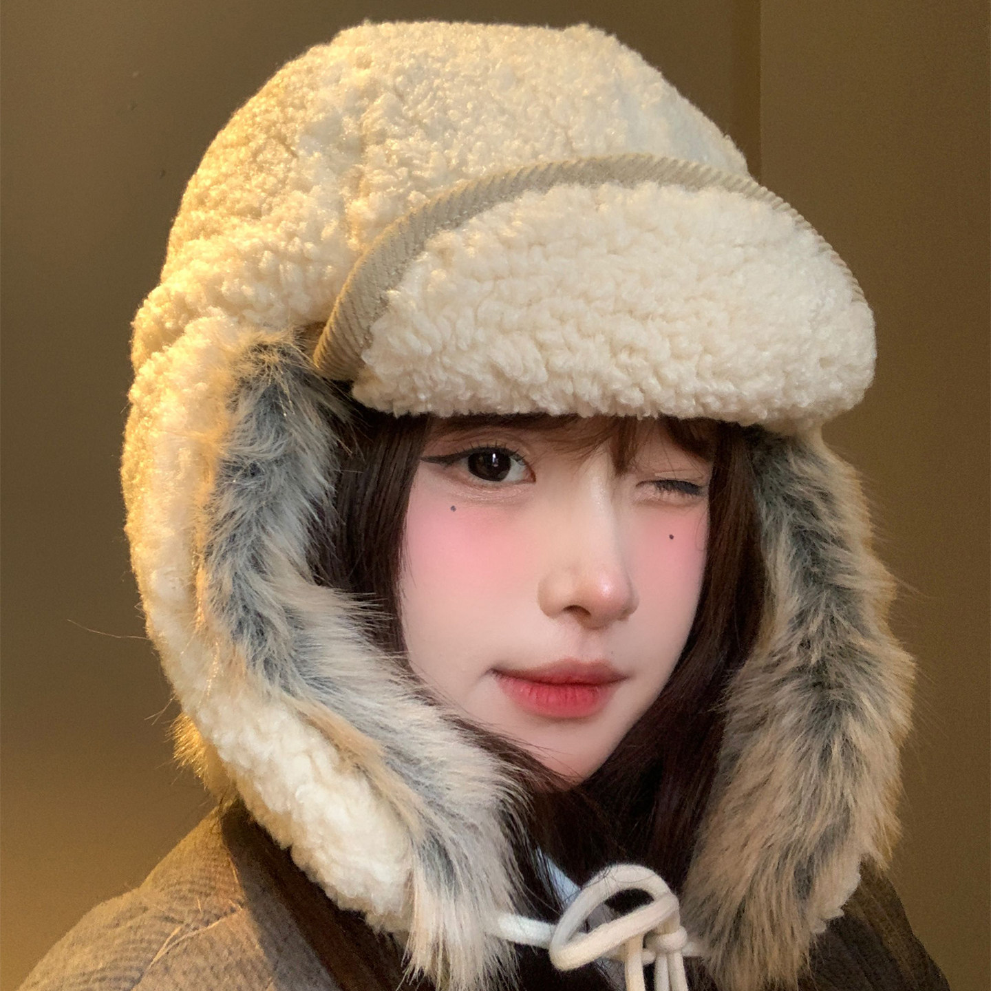 韩系羊羔绒雷锋帽女冬季加绒加厚