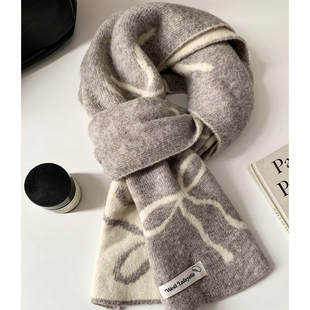 针织毛线围巾女冬季 限定款 保暖含羊毛混纺围脖 蝴蝶结2025新款 韩版