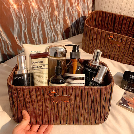 超好收纳~仿藤编腊肠狗收纳盒桌面化妆品面膜杂物筐家客厅置物架