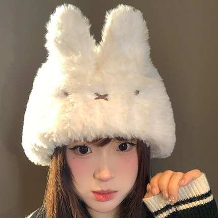 可爱米菲兔耳朵毛绒针织帽子女冬季加厚大头围保暖护耳包头毛线帽