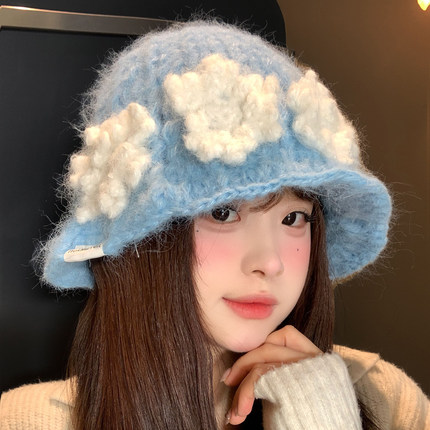 立体蓝色花朵针织帽子女秋冬季百搭显脸小毛线帽大头围保暖渔夫帽