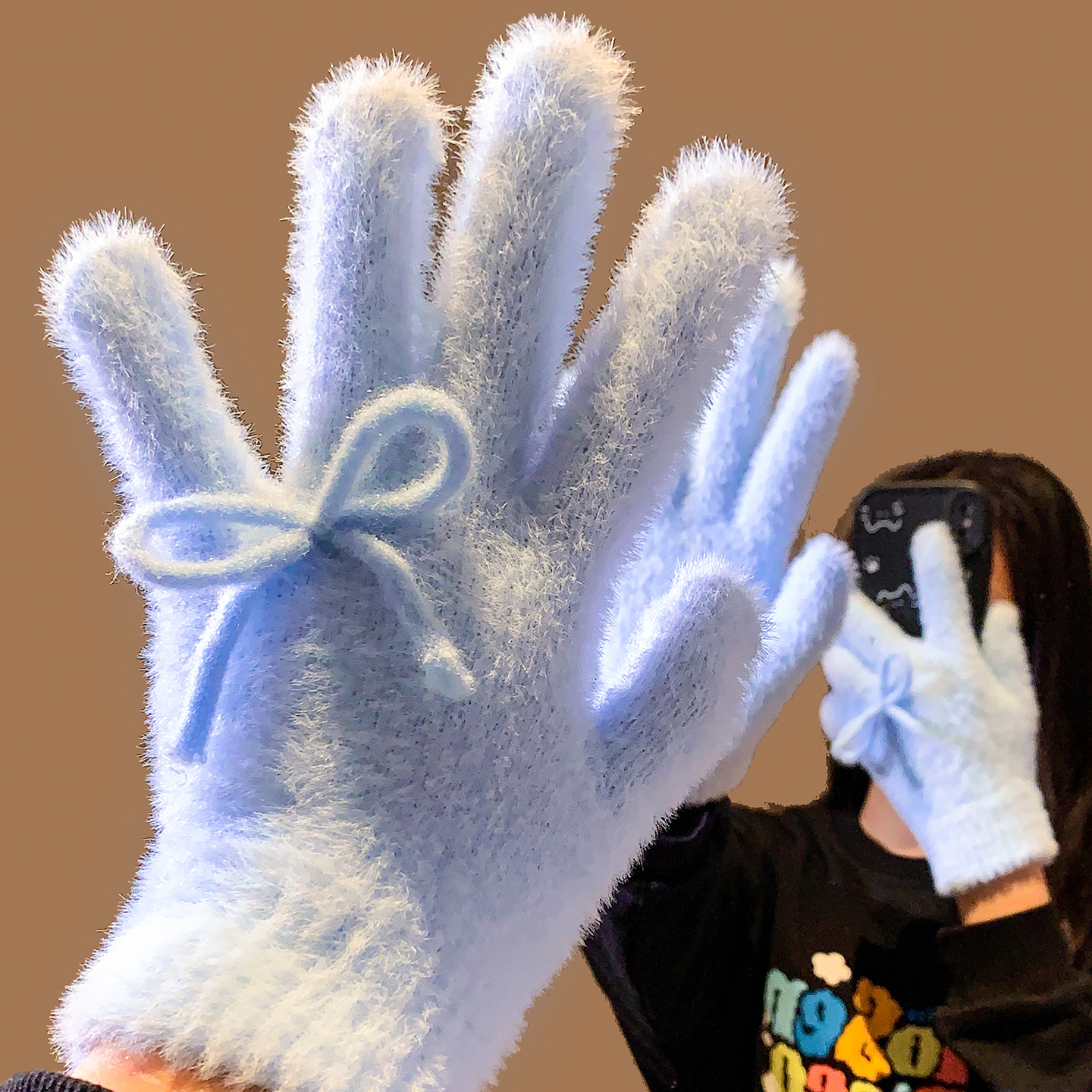 韩系可爱蓝色蝴蝶结毛绒五指手套