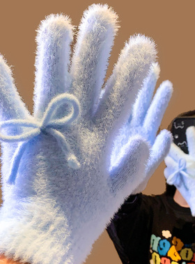 韩系可爱蓝色蝴蝶结毛绒五指手套女冬季加厚保暖防寒学生骑行分指