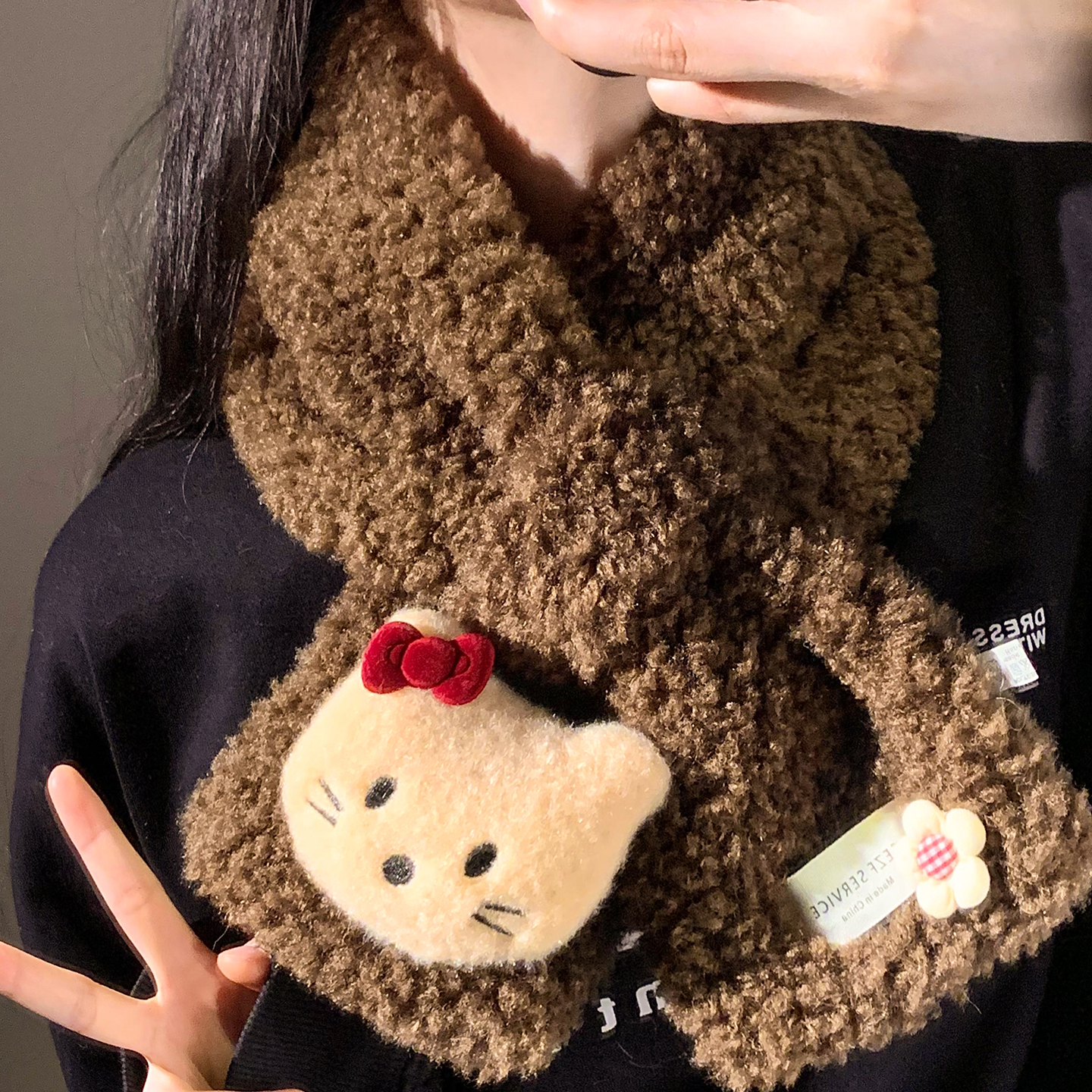 可爱Kitty猫羊羔毛绒围巾女冬季