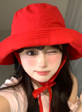 百搭红色渔夫帽女夏季大檐遮阳防晒帽户外出游防紫外线显白盆帽子
