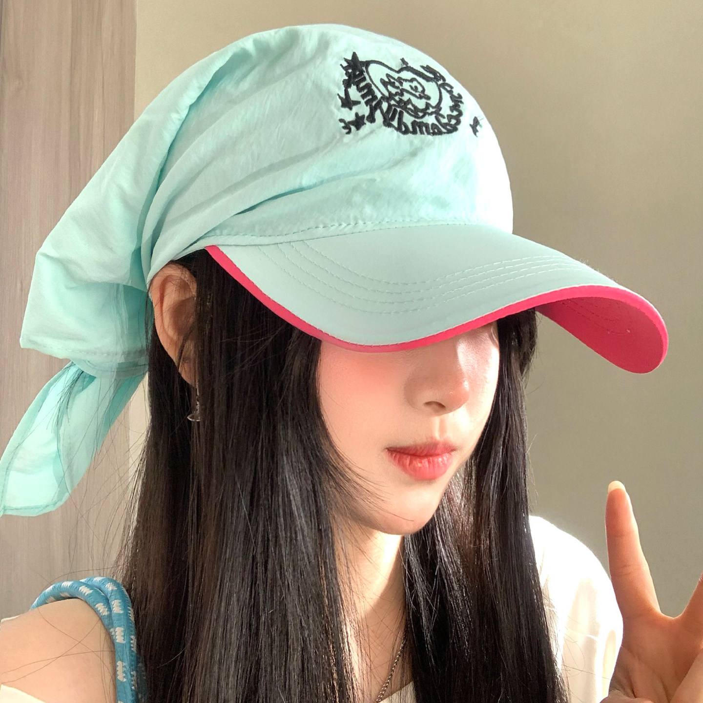 绿色刺绣绑带头巾鸭舌帽子女春夏季透气薄款户外小众遮阳防晒帽潮