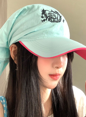 绿色刺绣绑带头巾鸭舌帽子女春夏季透气薄款户外小众遮阳防晒帽潮