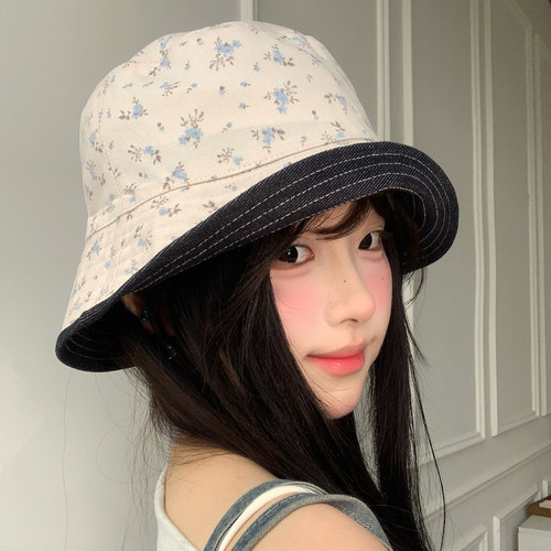 双面碎花牛仔渔夫帽女