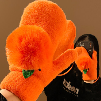 柿柿如意~可爱毛绒针织手套女冬季加厚全包连指保暖防寒骑行挂脖