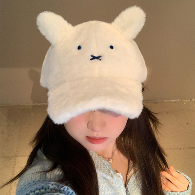 可爱米菲兔毛绒鸭舌帽子女秋冬