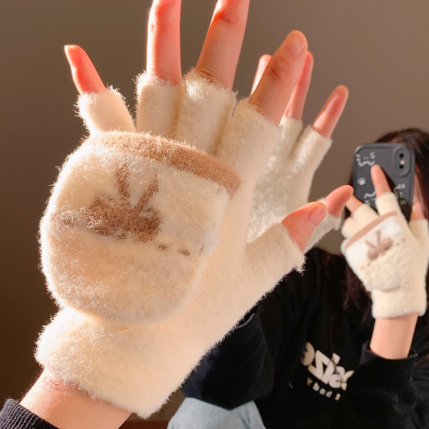 可爱蝴蝶结翻盖露指手套女冬季