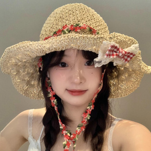 田园风蝴蝶结草帽女夏季 甜美百搭大檐海边度假渔夫帽防晒遮阳帽子