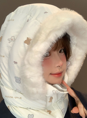 可爱毛绒夹棉帽子保暖围脖一体