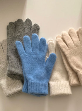 蓝色兔毛针织毛线手套女士秋冬季可触屏保暖防寒五指骑行2025新款