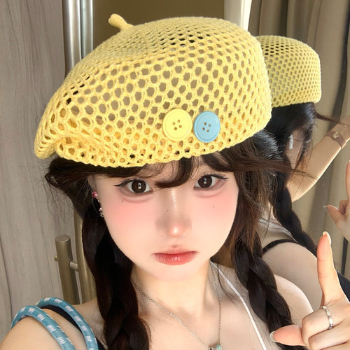 日系镂空纽扣贝雷帽女夏薄款透气