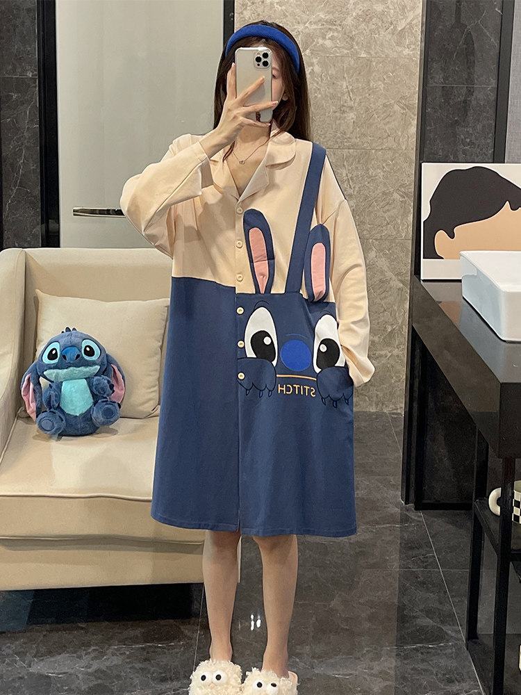 잠옷 여성 봄 가을 잠옷 긴 소매 코튼 가디건 2022 새로운 블루 대형 여름은 집 옷 밖에서 입을 수 있습니다