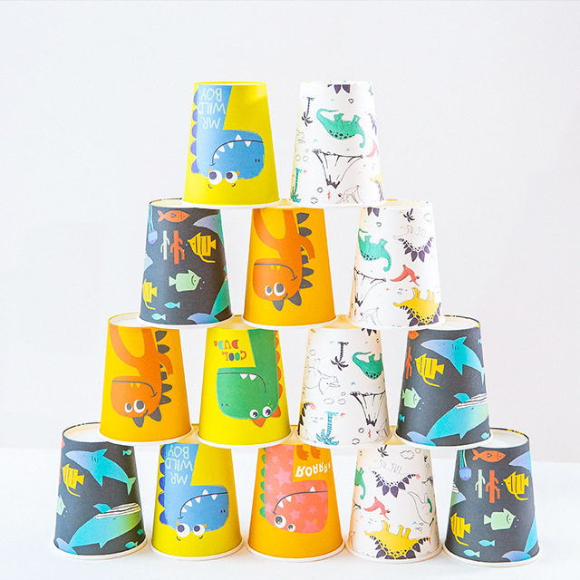 恐龙主题餐具一次性纸杯侏罗纪公园聚会聚餐纸质餐具鲨鱼图案杯子