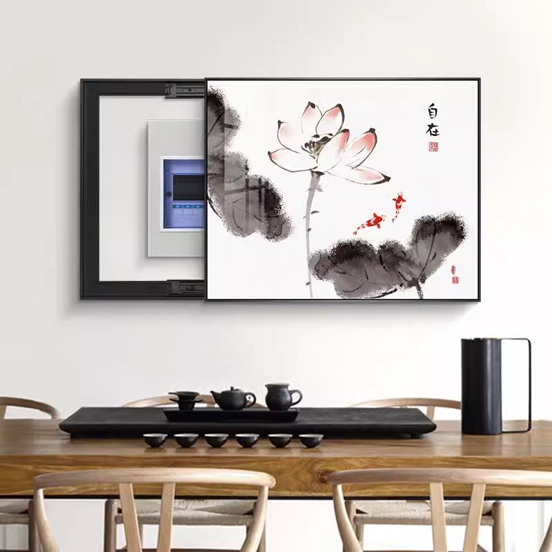 新中式电表箱装饰画免打孔推拉遮挡多媒体配电箱挂画电闸盒总开关