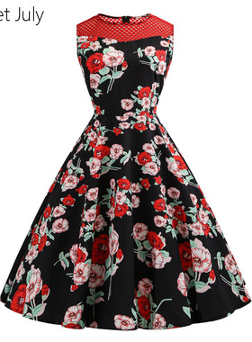 原创法式玫瑰印花网格镂空拼接大摆连衣裙女夏大码无袖气质大摆裙