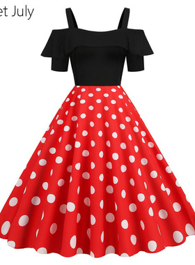 原创波点一字领露肩吊带短袖收腰拼接大摆连衣裙舞蹈派对表演出服