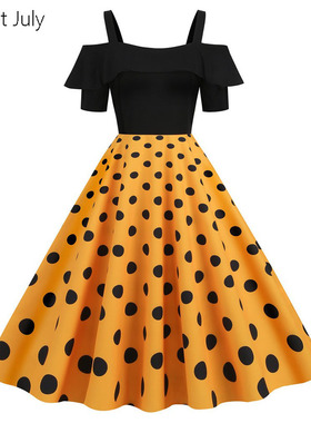原创一字领露肩吊带短袖收腰拼接舞蹈派对表演波点垂感大摆连衣裙