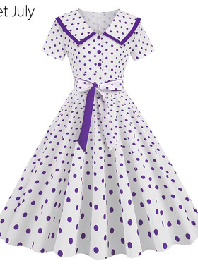 原创波点甜美少女大翻领学院风学生表演舞蹈派对短袖大摆连衣裙夏