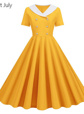 原创翻领港风80年代感怀旧复古收腰大摆派对表演出短袖纯色连衣裙