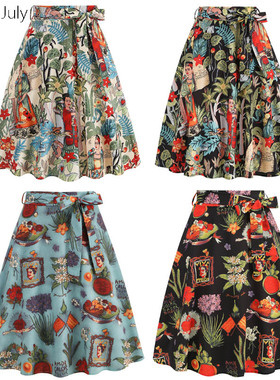 原创美式复古宫廷印花半身裙子夏高腰法式洋气设计感大摆垂感裙子