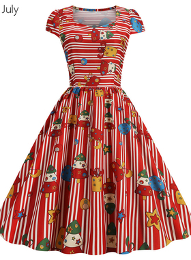 原创设计图案印花条纹收腰大摆中长款显瘦洋气质复古港风连衣裙子