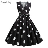 原创赫本风80年代感V领无袖 背心裙子大摆收腰显瘦演出波点连衣裙