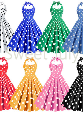 原创糖果色现代舞蹈伴舞开场表演出服女港风波点挂脖连衣裙子大摆