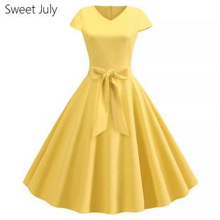 原创赫本8090年代感气质简约纯色表演出服舞蹈大摆中长复古连衣裙