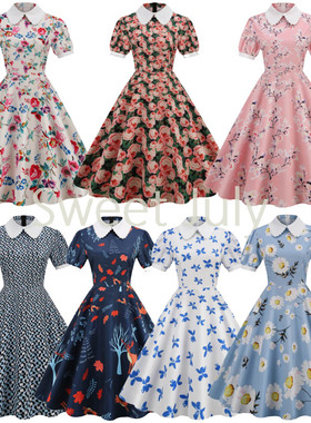 原创法式复古宫廷印花连衣裙碎花翻领80年代感怀旧大摆表演出服夏