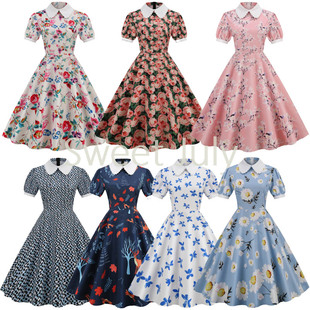 原创法式 复古宫廷印花连衣裙碎花翻领80年代感怀旧大摆表演出服夏