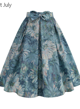 原创复古女郎油画印花洋气百搭法式蝴蝶结高腰百褶蓬蓬伞裙半身裙