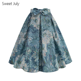 原创复古女郎油画印花洋气百搭法式 蝴蝶结高腰百褶蓬蓬伞裙半身裙
