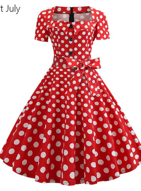 原创法式复古波点短袖方领长裙收腰派对演出赫本大摆连衣裙大码夏