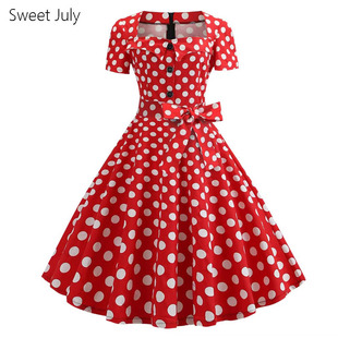 夏 方领长裙收腰派对演出赫本大摆连衣裙大码 原创法式 复古波点短袖