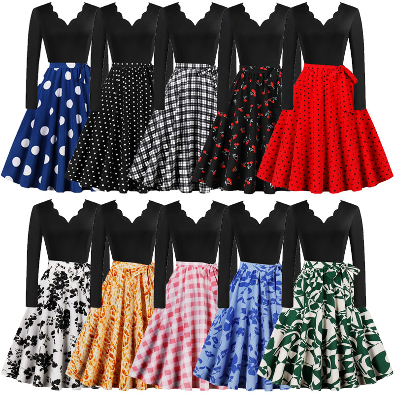 原创赫本风气质收腰长袖波点印花格子连衣裙大摆复古宫廷碎花春秋