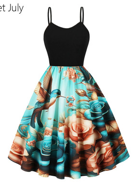 原创复古宫廷无袖吊带印花连衣裙女拼接收腰大摆内搭中长度假裙子