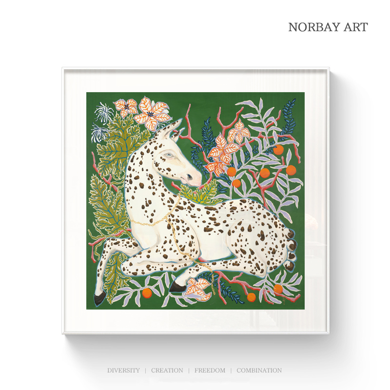 轻奢绿色抽象动物骏马挂画方形高级感客厅餐厅壁画酒店民宿装饰画图片