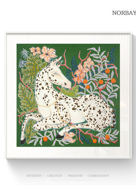 轻奢绿色抽象动物骏马挂画方形高级感客厅餐厅壁画酒店民宿装饰画