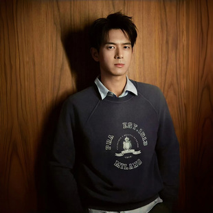 Lappy秋冬季P家做旧水洗蓝灰色插肩渐变印花圆领卫衣【李现同款】