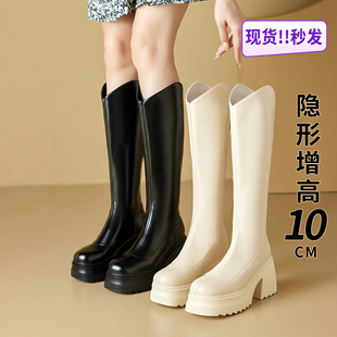 厚底高筒靴女内增高10cm大筒围胖mm加宽高跟小个子骑士靴长筒大码