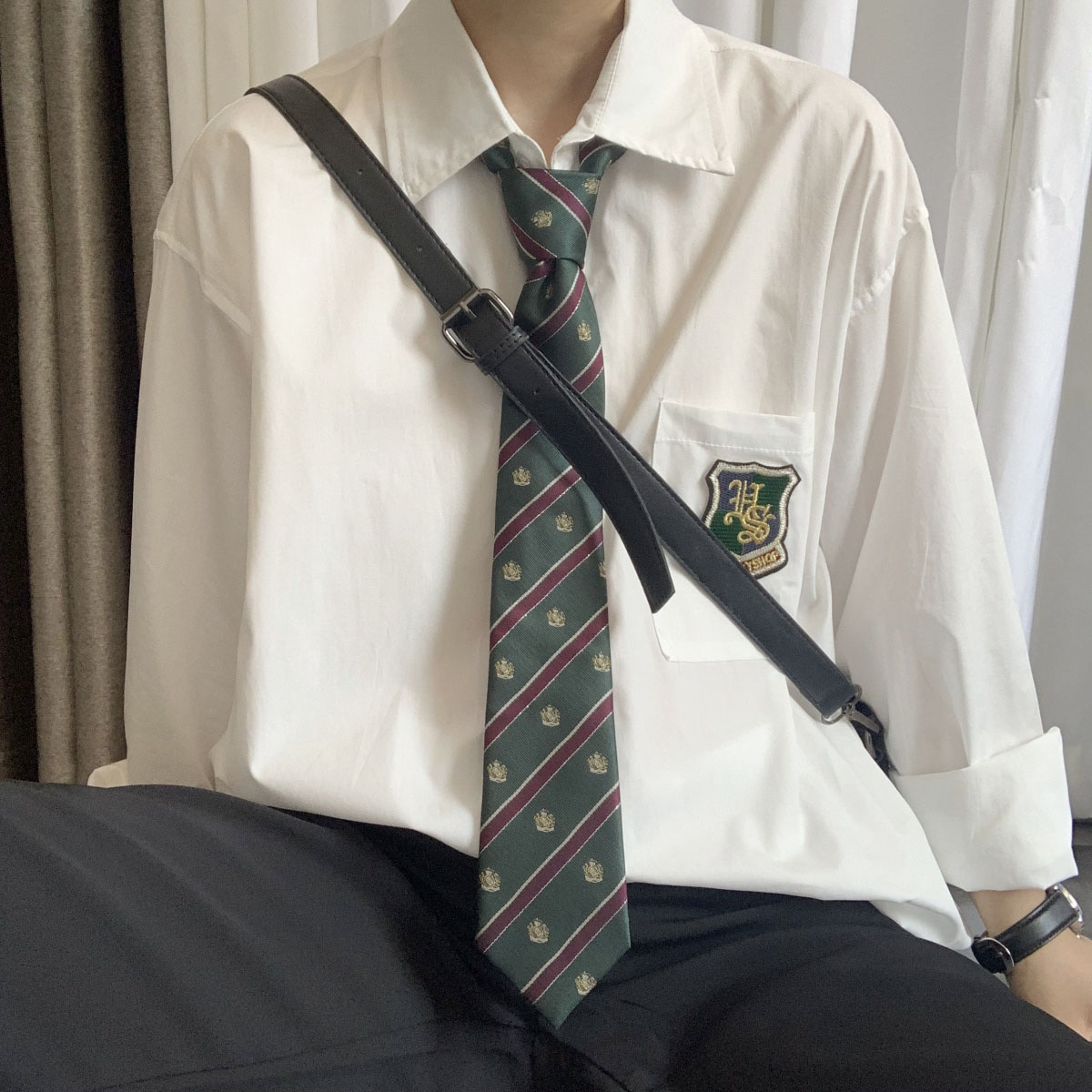 上野  秋季新款dk少年长袖衬衫男徽章学院风校园学生白衬衣