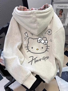 时尚减龄洋气可爱Kitty猫连帽卫衣女初中生秋冬加绒保暖开衫外套