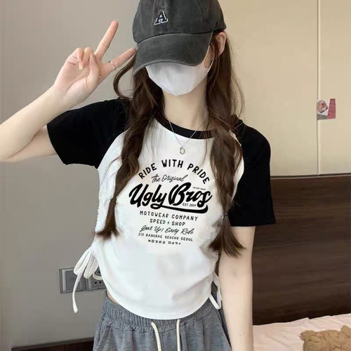 美式复古插肩t恤女童夏季短款抽绳上衣中大童穿搭高腰不规则短袖