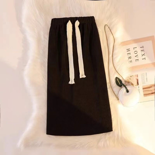 灯芯绒半身裙女童秋冬季中长款条绒半裙学生直筒长裙保暖加绒裙子