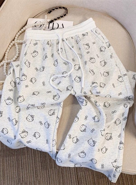 小个子170cm复古猫咪印花直筒卫裤女童高腰宽松休闲垂感阔腿裤子